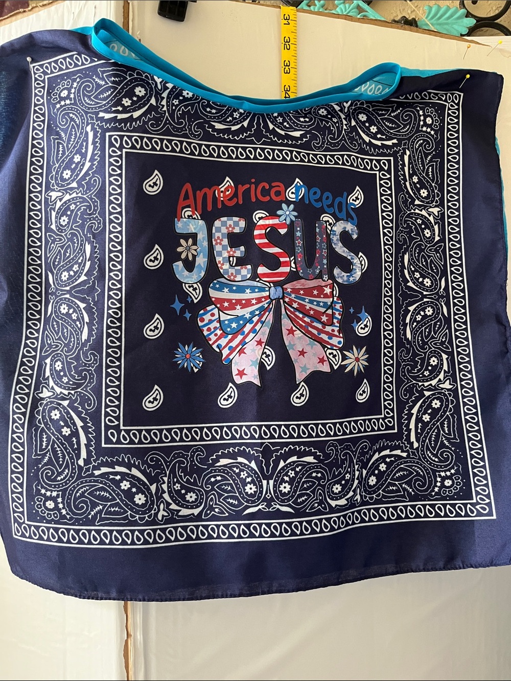 Women’s Navy Patriotic 'Jesus' Bandana-Style Top with teal color on opposite